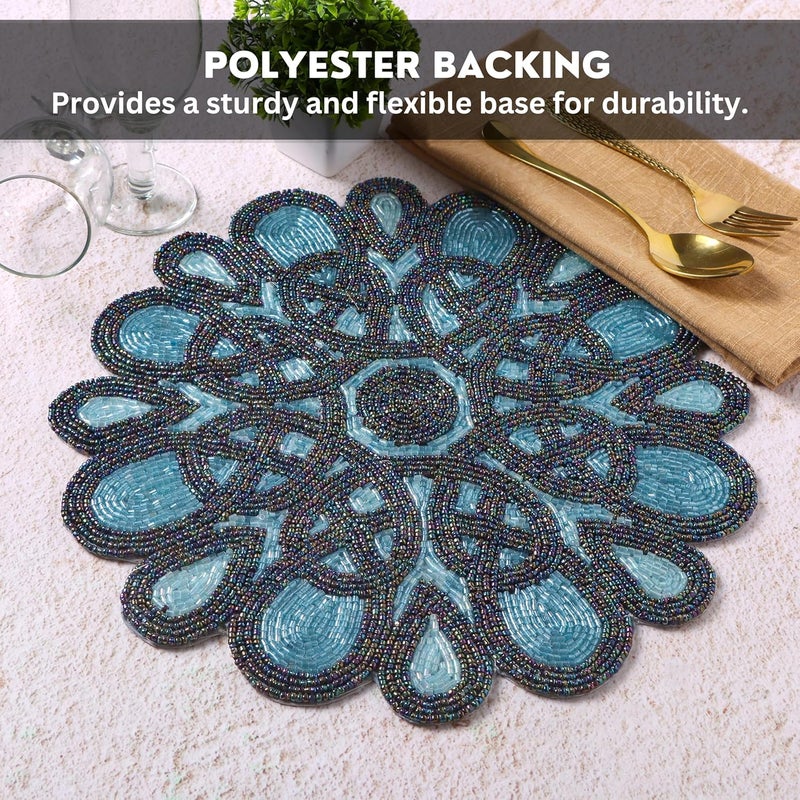 ALPHA Living HOME  Handmade Beaded Snowflake Placemat  Round Table Mat for Dining Kitchen Wedding Holiday Decor  Elegant Glass Beads NonSlip Backing  Christmas Events Deep Denim - Image 4