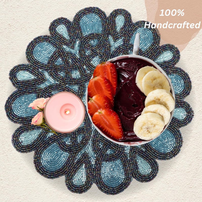 ALPHA Living HOME  Handmade Beaded Snowflake Placemat  Round Table Mat for Dining Kitchen Wedding Holiday Decor  Elegant Glass Beads NonSlip Backing  Christmas Events Deep Denim - Image 5