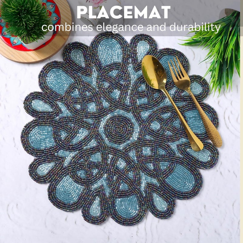 ALPHA Living HOME  Handmade Beaded Snowflake Placemat  Round Table Mat for Dining Kitchen Wedding Holiday Decor  Elegant Glass Beads NonSlip Backing  Christmas Events Deep Denim - Image 2