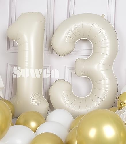 SUWEN 40 Inch Cream White Large 13 Number Balloons Big Foil Helium Number Balloons 09 Jumbo Happy 13th Mylar Birthday Party Decorations for Boy or Girl 31 Anniversary Party Supplies - Image 5