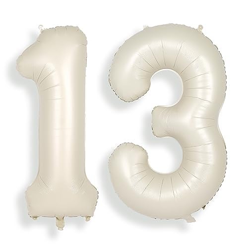 SUWEN 40 Inch Cream White Large 13 Number Balloons Big Foil Helium Number Balloons 09 Jumbo Happy 13th Mylar Birthday Party Decorations for Boy or Girl 31 Anniversary Party Supplies - Image 1