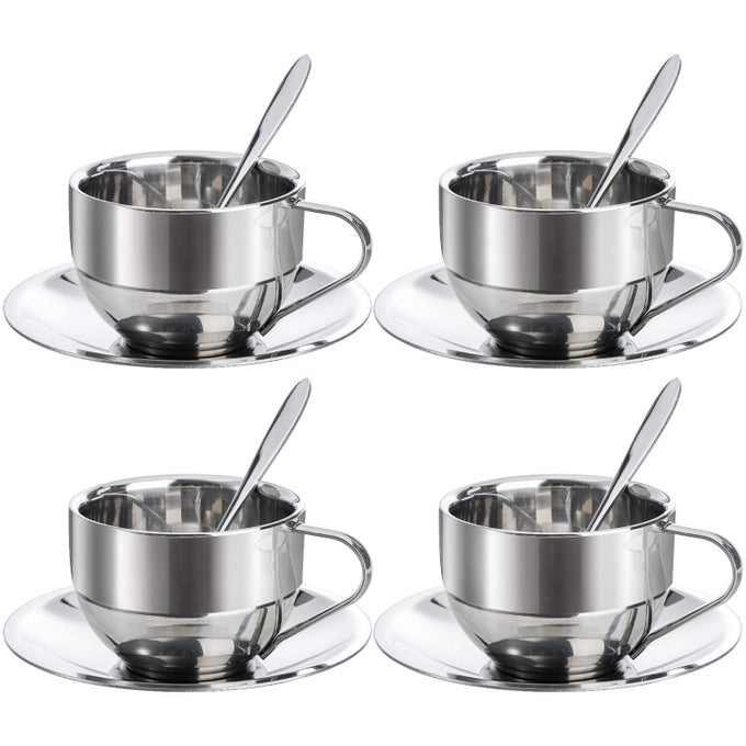 4 PACK STAINLESS STEEL COFFEE CUP SET 6 OZ COFFEE MUGS WITH SPOON AND SAUCER DOUBLE WALLED ESPRESSO CUPS MUGS FOR COFFEE LATTETEA MILK