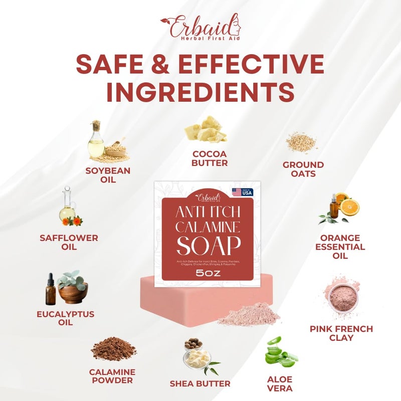 Erbaid Calamine Soap Bar â€“ All Natural Instant Itch Relief â€“ Calming Calamine Soap for Itchy Skin, Insect Bite, Eczema, Poison Ivy Rash, Chicken Pox â€“ Pure Anti-Itch Body Wash Made in USA â€“ Large 5oz Bar - Image 5