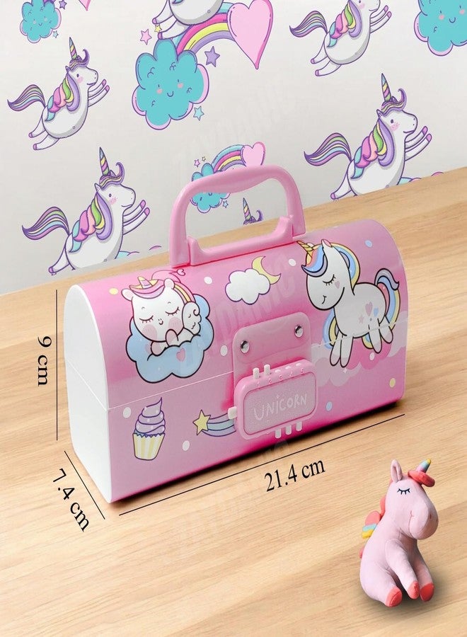 SHIVOM Unicorn Print Dual Password Pencil Box for Kids Pencil Storage Compass Boxes Geometry Box Multi-Functional & Multi-Layer Large Capacity Plastic Case (Pink) - Image 3