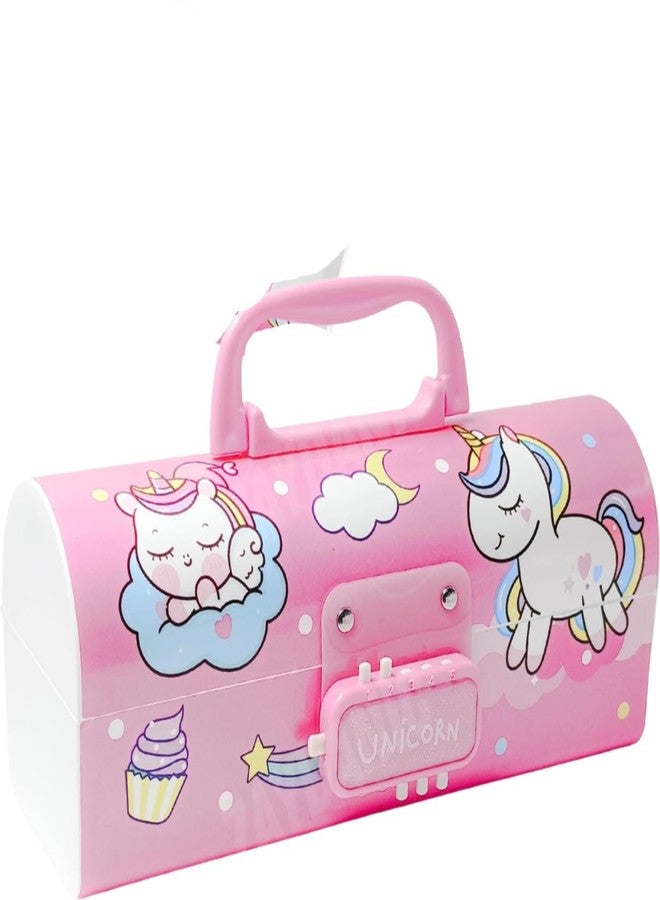 SHIVOM Unicorn Print Dual Password Pencil Box for Kids Pencil Storage Compass Boxes Geometry Box Multi-Functional & Multi-Layer Large Capacity Plastic Case (Pink) - Image 1