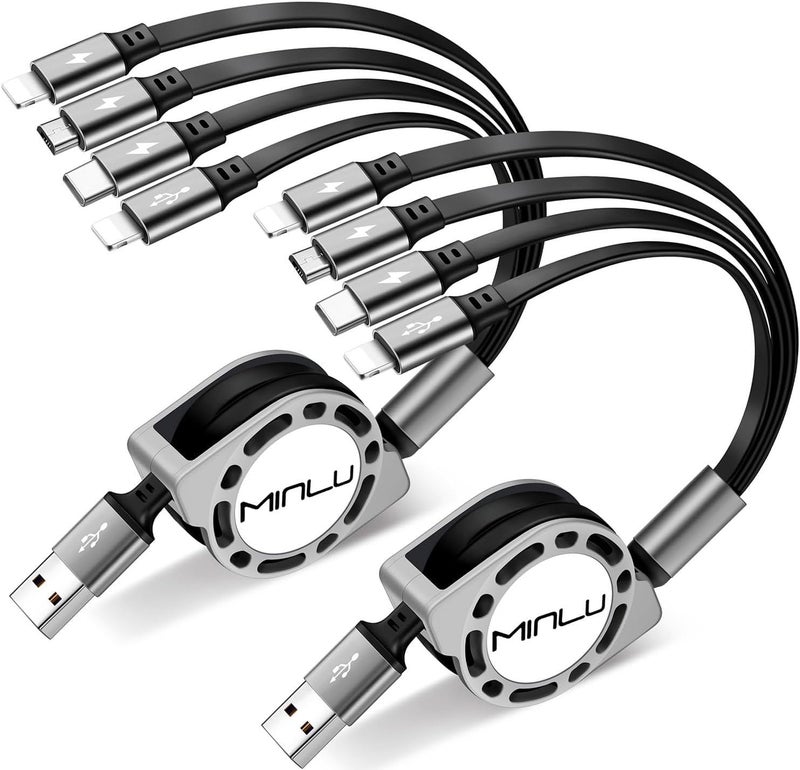 MINLU Multi Charging Cable 4A, 2Pack 4Ft Retractable Multi Fast Charger Cable, Multiple Charging Cord, 4 in 1 Multi USB Cable with Type C/Micro USB Ports for Cell Phones/IP/Galaxy/PS/Tablets/iPads - Image 1