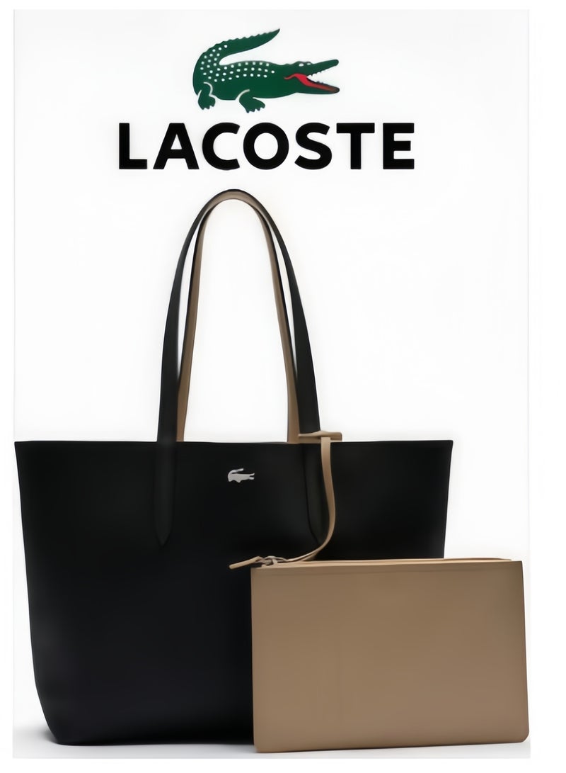 لاكوست حقائب يد نسائية من لاكوست، ذات وجهين ونبرة مزدوجة، سعة كبيرة، عصرية ومتعددة الوظائف، أسود/بني - Image 1