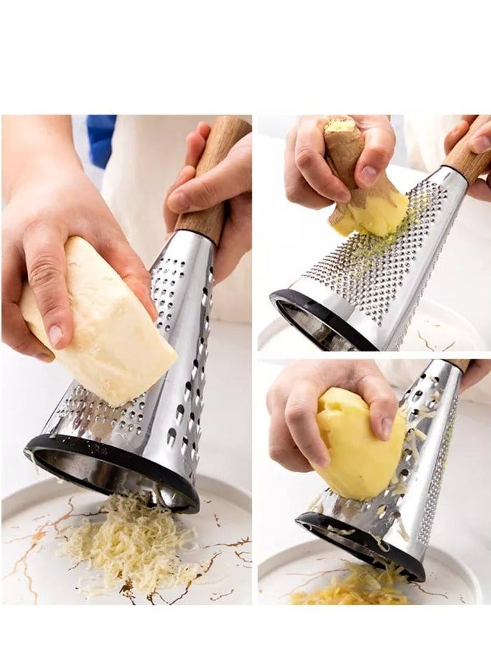 Cone Cheese Grater with Handle Stainless Steel Grater Triple Function Wood Handle Shredder Non-Slip Rubber Bottom Hand Held Multifunction Vegetables Grater, 28 cm - Image 2