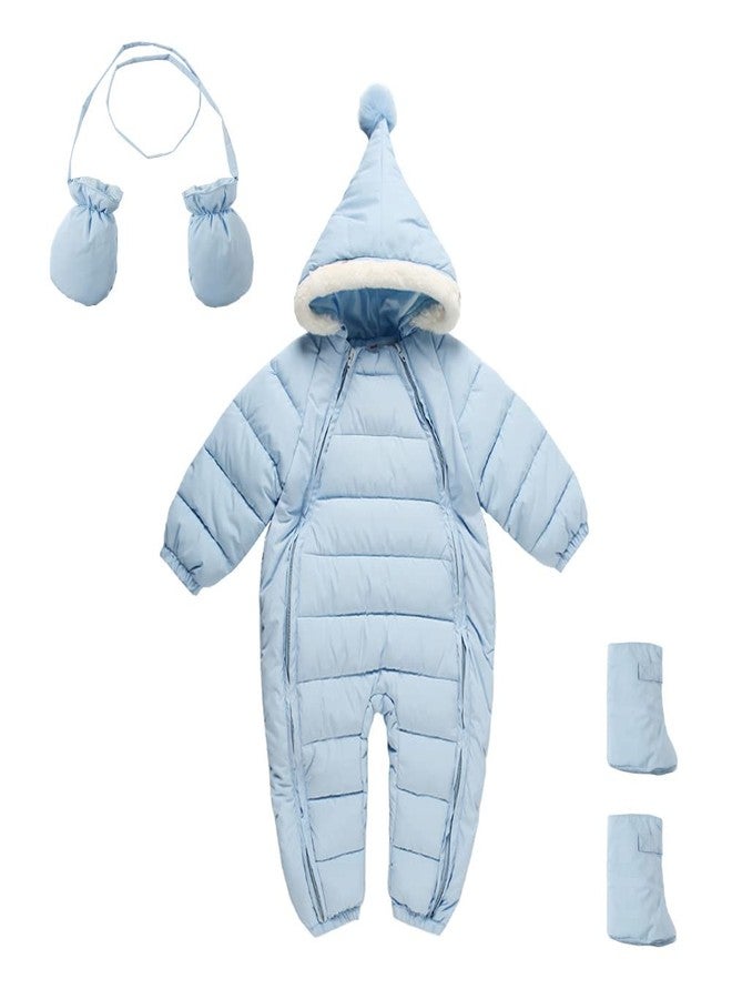 Mud Kingdom 3 Piece Romper Boys Girls Jumpsuit Hooded Matching Gloves and Shoes Zipper Sky Blue Overall 12-18 Months - Image 1