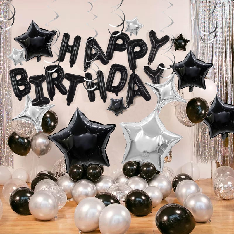 SPFYunion 56 PCS Happy Birthday Balloons Happy Birthday Banner Silver and Black Balloons for Boys Men Girls Women 16th 18th 20th 21st 25th 30th 40th 50th 60th Birthday Party Decorations (Black) - Image 4