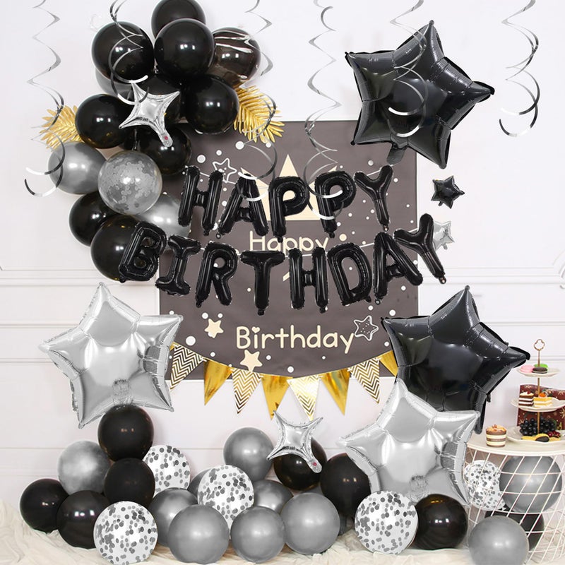 SPFYunion 56 PCS Happy Birthday Balloons Happy Birthday Banner Silver and Black Balloons for Boys Men Girls Women 16th 18th 20th 21st 25th 30th 40th 50th 60th Birthday Party Decorations (Black) - Image 5