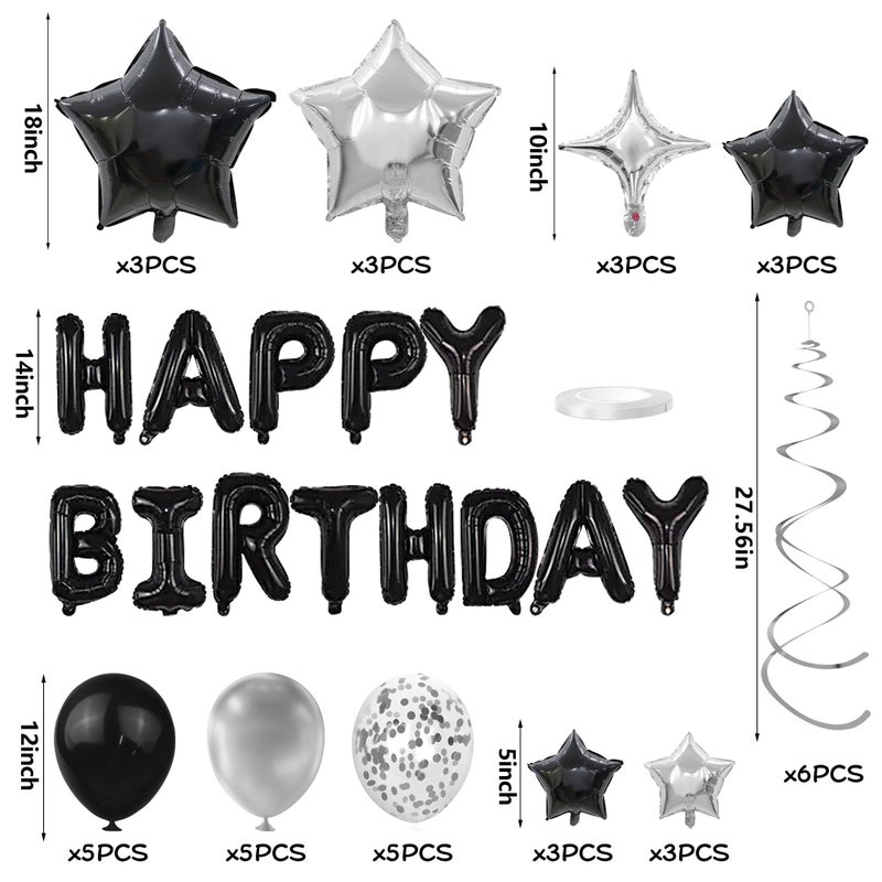 SPFYunion 56 PCS Happy Birthday Balloons Happy Birthday Banner Silver and Black Balloons for Boys Men Girls Women 16th 18th 20th 21st 25th 30th 40th 50th 60th Birthday Party Decorations (Black) - Image 2