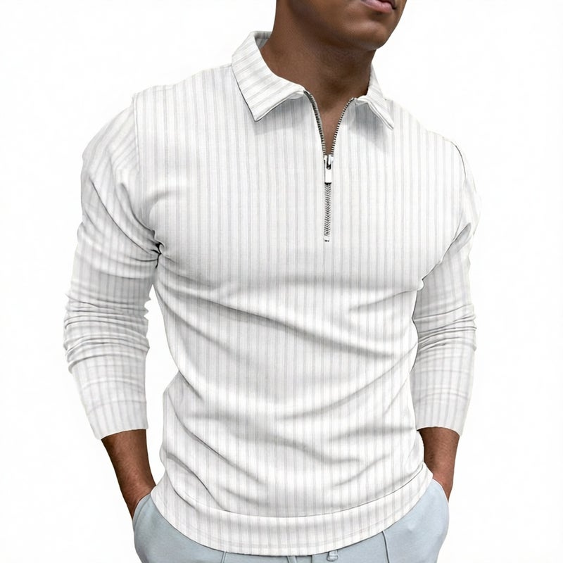Long Sleeve Striped Polo Shirt with Zipper Closure for Men