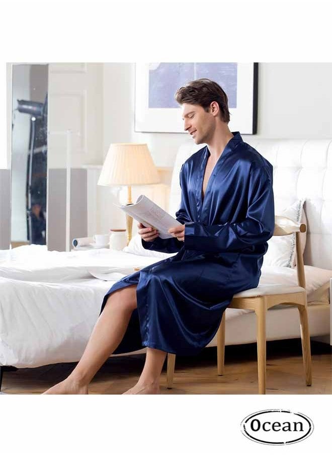 Ocean Men's Satin Robe Super Lightweight Kimono (Dark Blue), V-Neck Print Design,Fashionable And High-End, with Simple Pockets, Practical And Beautiful, Suitable for Wearing At Home And Business Trip  - Image 1
