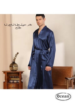 Ocean Men's Satin Robe Super Lightweight Kimono (Dark Blue), V-Neck Print Design,Fashionable And High-End, with Simple Pockets, Practical And Beautiful, Suitable for Wearing At Home And Business Trip  - Image 5