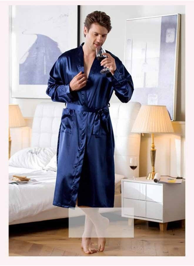 Ocean Men's Satin Robe Super Lightweight Kimono (Dark Blue), V-Neck Print Design,Fashionable And High-End, with Simple Pockets, Practical And Beautiful, Suitable for Wearing At Home And Business Trip  - Image 4