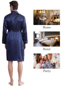 Ocean Men's Satin Robe Super Lightweight Kimono (Dark Blue), V-Neck Print Design,Fashionable And High-End, with Simple Pockets, Practical And Beautiful, Suitable for Wearing At Home And Business Trip  - Image 2