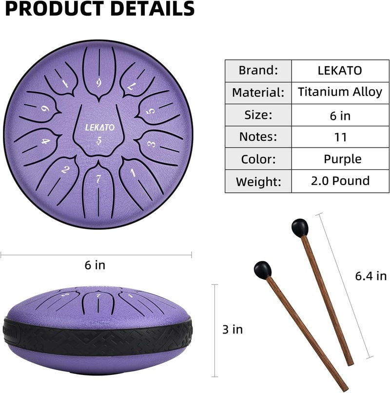 LEKATO 6 Inch 11 Notes Steel Tongue Drum with Sturdy Nylon Bag, Beginner Music GIft for Families/Friends, D Major, Purple - Image 2
