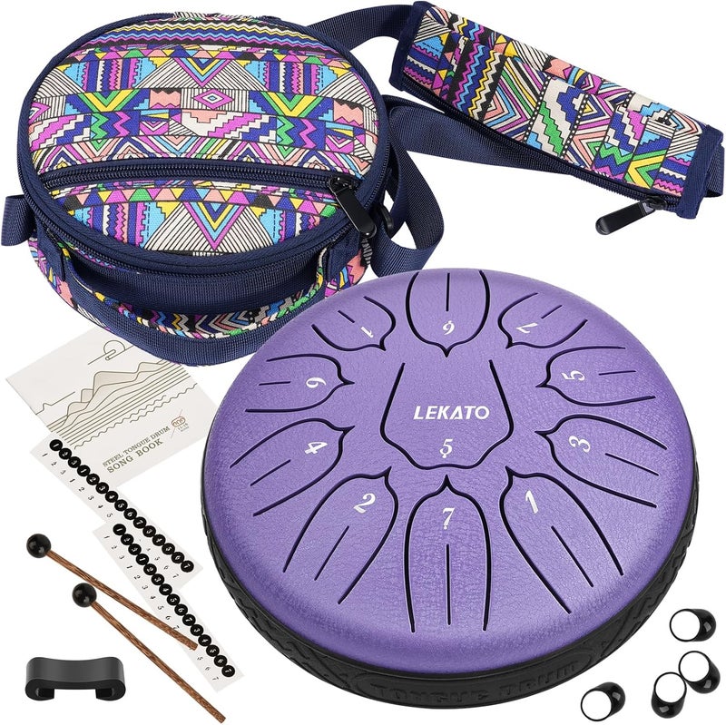 LEKATO 6 Inch 11 Notes Steel Tongue Drum with Sturdy Nylon Bag, Beginner Music GIft for Families/Friends, D Major, Purple - Image 1