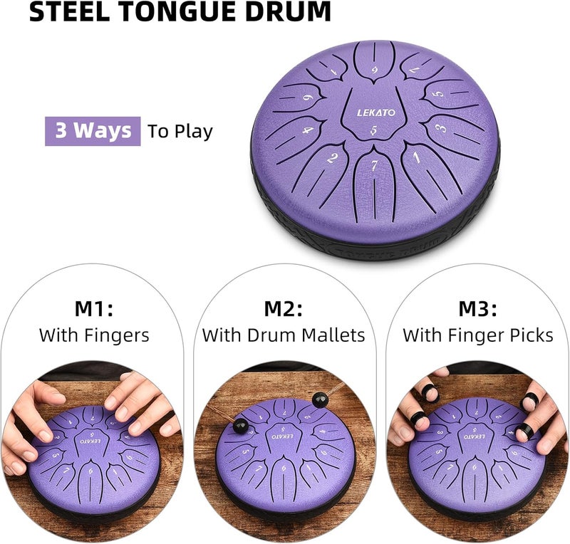 LEKATO 6 Inch 11 Notes Steel Tongue Drum with Sturdy Nylon Bag, Beginner Music GIft for Families/Friends, D Major, Purple - Image 5
