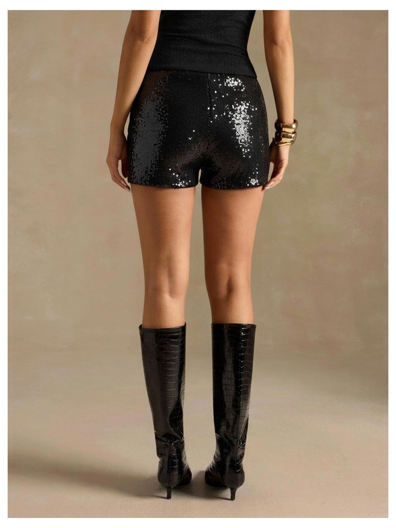 MakeMeChic Women's Cheetah Print Shorts Y2K Sequin Leopard Mini Micro Shorts Black Medium - Image 2