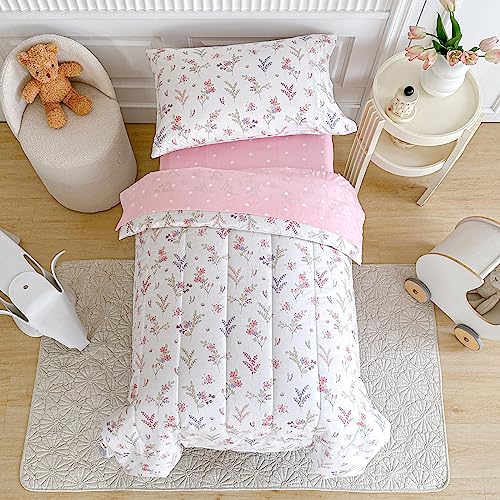 Joyreap 4 Piece Cotton Toddler Bedding Set for Girls, Flowers n Leaves Pink Design, Soft Breathable Cotton Toddler Comforter Set, Includes Quilted Comforter, Fitted Sheet, Top Sheet, and Pillow Case - Image 2