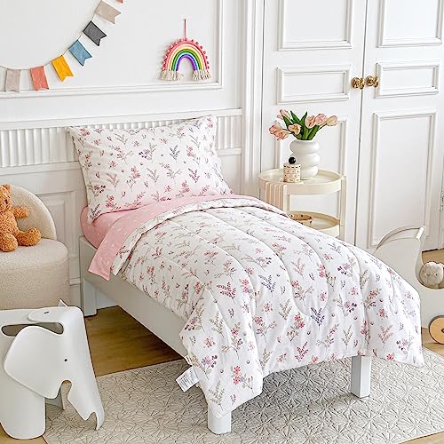 Joyreap 4 Piece Cotton Toddler Bedding Set for Girls, Flowers n Leaves Pink Design, Soft Breathable Cotton Toddler Comforter Set, Includes Quilted Comforter, Fitted Sheet, Top Sheet, and Pillow Case - Image 3