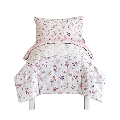 Joyreap 4 Piece Cotton Toddler Bedding Set for Girls, Flowers n Leaves Pink Design, Soft Breathable Cotton Toddler Comforter Set, Includes Quilted Comforter, Fitted Sheet, Top Sheet, and Pillow Case - Image 1