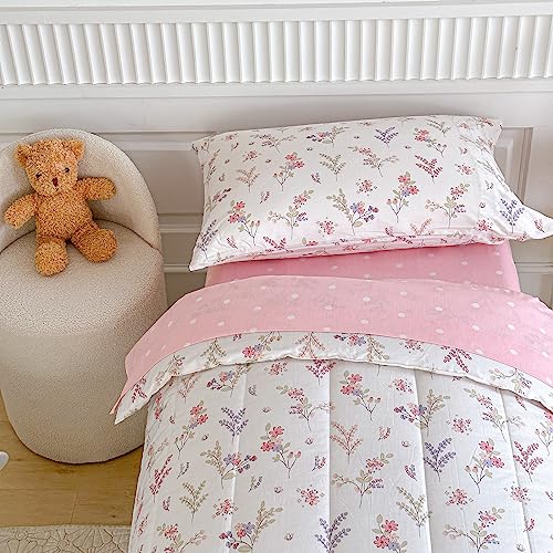 Joyreap 4 Piece Cotton Toddler Bedding Set for Girls, Flowers n Leaves Pink Design, Soft Breathable Cotton Toddler Comforter Set, Includes Quilted Comforter, Fitted Sheet, Top Sheet, and Pillow Case - Image 5