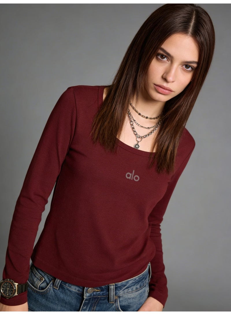 Alo728 Women's Red Warm Velvet Long Sleeve Top - Thermostatic 37 ℃ Warm Shirt, Simple Logo Design, Winter Casual Wear - Image 2