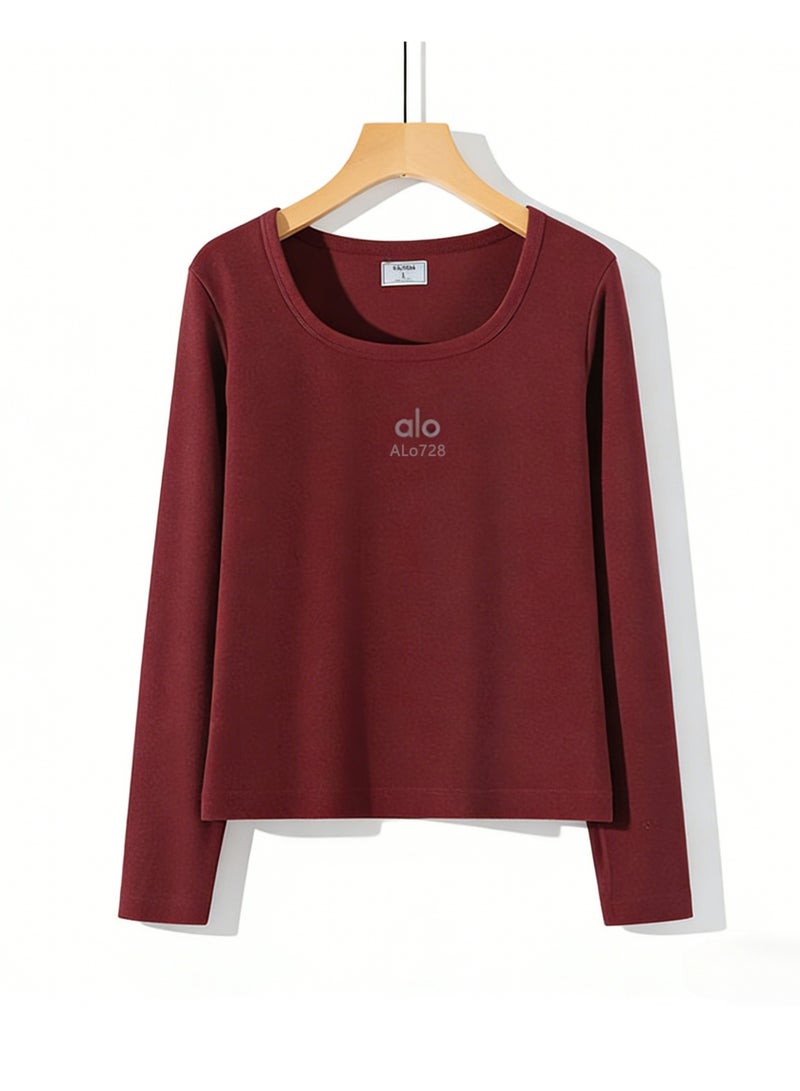 Alo728 Women's Red Warm Velvet Long Sleeve Top - Thermostatic 37 ℃ Warm Shirt, Simple Logo Design, Winter Casual Wear - Image 3