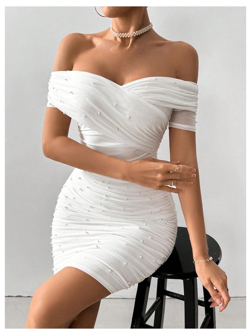 Floerns Women's Pearl Beaded Off Shoulder Short Dress Short Sleeve Bodycon Party Dresses White Small - Image 4