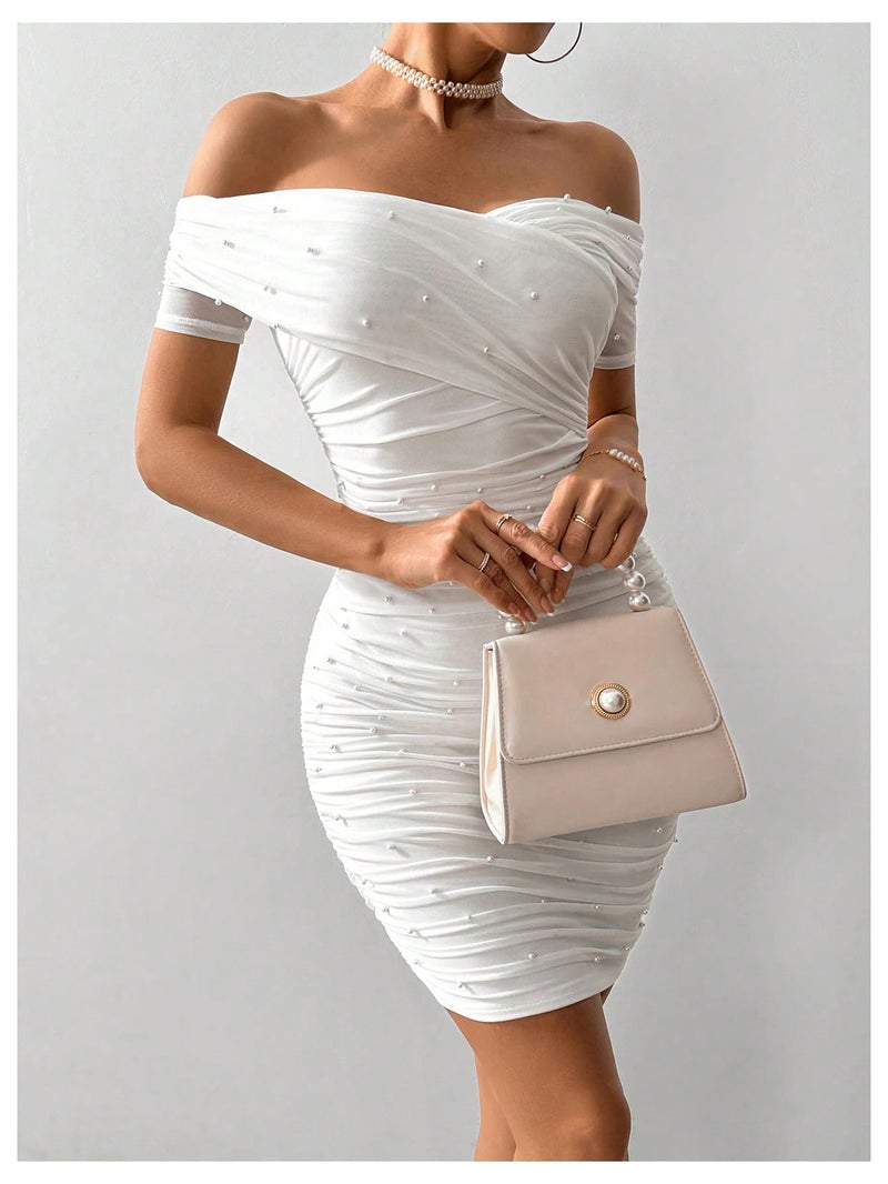 Floerns Women's Pearl Beaded Off Shoulder Short Dress Short Sleeve Bodycon Party Dresses White Small - Image 3