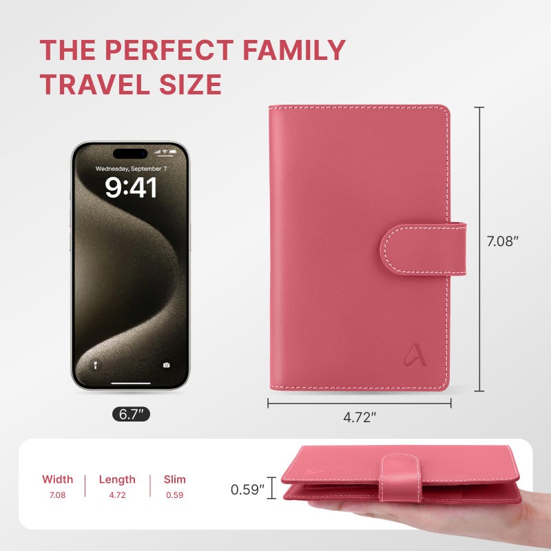 ALLIVE passport holder for travel family of 4, RFID Blocking Passport Wallet Document Organizer for Women & Men, Genuine Leather Cover with AirTag holder, Airport Essentials, Travel Gift (Rose Pink) - Image 2