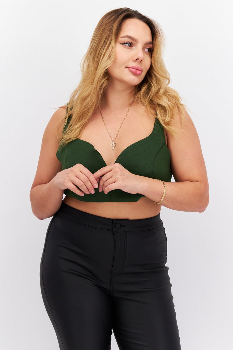 Extro&Vert Women Sweetheart Neckline Sleeveless Plain Crop Top, Dark Green - Image 1