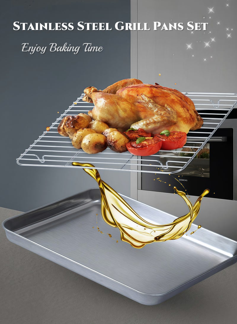 Square Multi-functional Stainless Steel Grilling Pans BBQ Tray Set with Draining Net, Serving Trays, Thickened Wire Drawing Process, High and Low Temperature Resistance, Oil Drainage,  for Baking, BBQ, Meat Marinating, with Ovens, Refrigerators, Outdoor Barbecues,  Tray for Kitchen, Holiday Party, Picnics,Camping  - Image 1