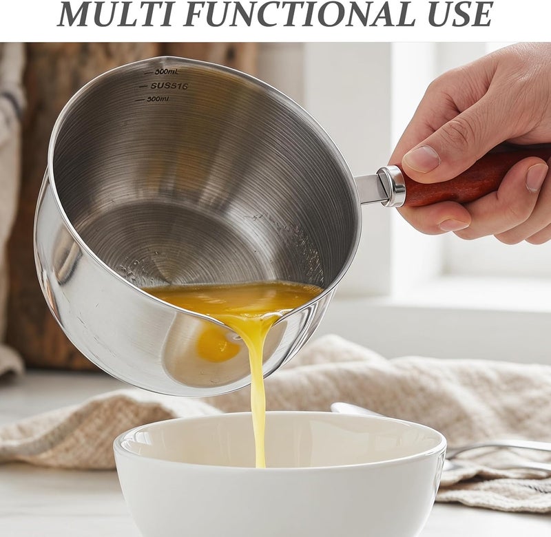 2pcs Small Milk Pan: Mini Butter Warmer Pot - 10oz 17oz Stainless Steel Saucepan, Small Pot for Chocolate Or Oil Heating, Easy Pour Spout & Wood Handle - Image 5