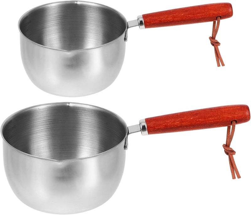 2pcs Small Milk Pan: Mini Butter Warmer Pot - 10oz 17oz Stainless Steel Saucepan, Small Pot for Chocolate Or Oil Heating, Easy Pour Spout & Wood Handle - Image 1