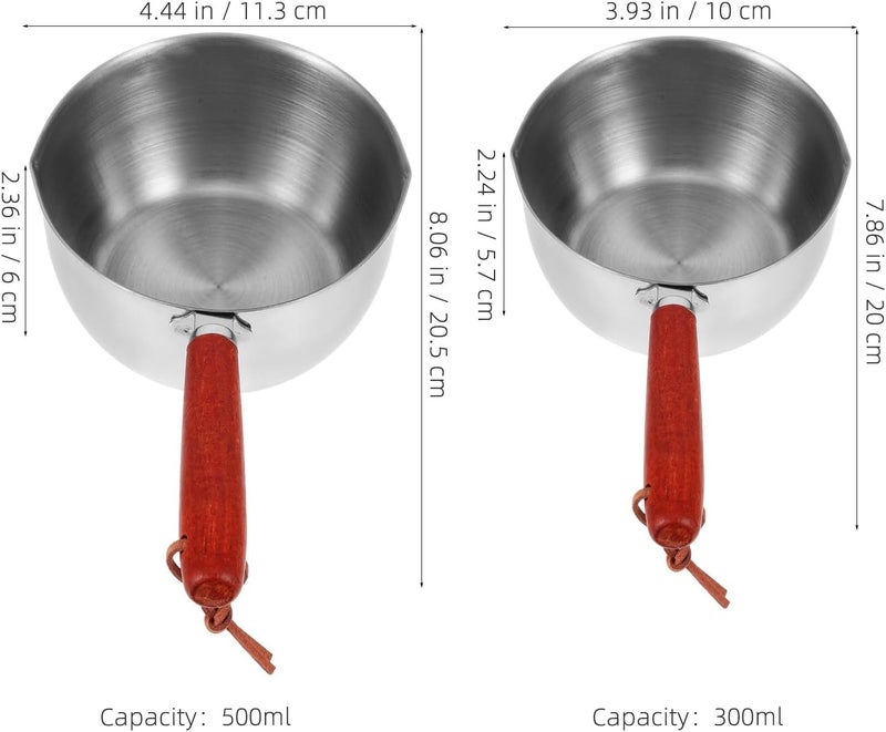 2pcs Small Milk Pan: Mini Butter Warmer Pot - 10oz 17oz Stainless Steel Saucepan, Small Pot for Chocolate Or Oil Heating, Easy Pour Spout & Wood Handle - Image 2