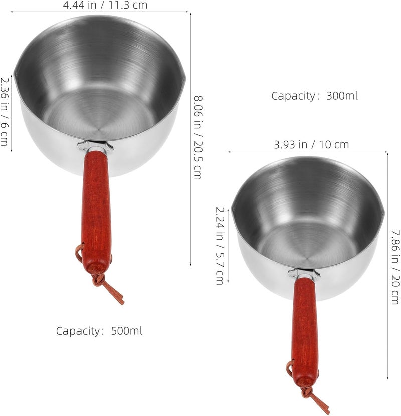 2pcs Small Milk Pan: Mini Butter Warmer Pot - 10oz 17oz Stainless Steel Saucepan, Small Pot for Chocolate Or Oil Heating, Easy Pour Spout & Wood Handle - Image 4