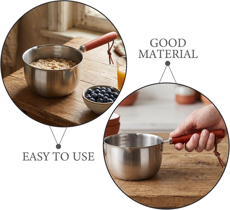 2pcs Small Milk Pan: Mini Butter Warmer Pot - 10oz 17oz Stainless Steel Saucepan, Small Pot for Chocolate Or Oil Heating, Easy Pour Spout & Wood Handle - Image 3