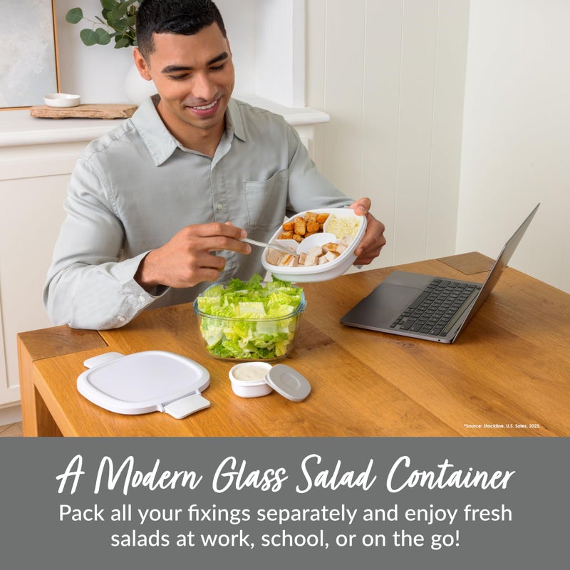 Bentgo Glass All-in-One Salad Container - Large 61-oz Salad Bowl with Lid  4-Compartment Bento-Style Tray  3-oz Sauce Container  and Reusable Fork - Dishwasher  Microwave  and Oven Safe (White) - Image 2