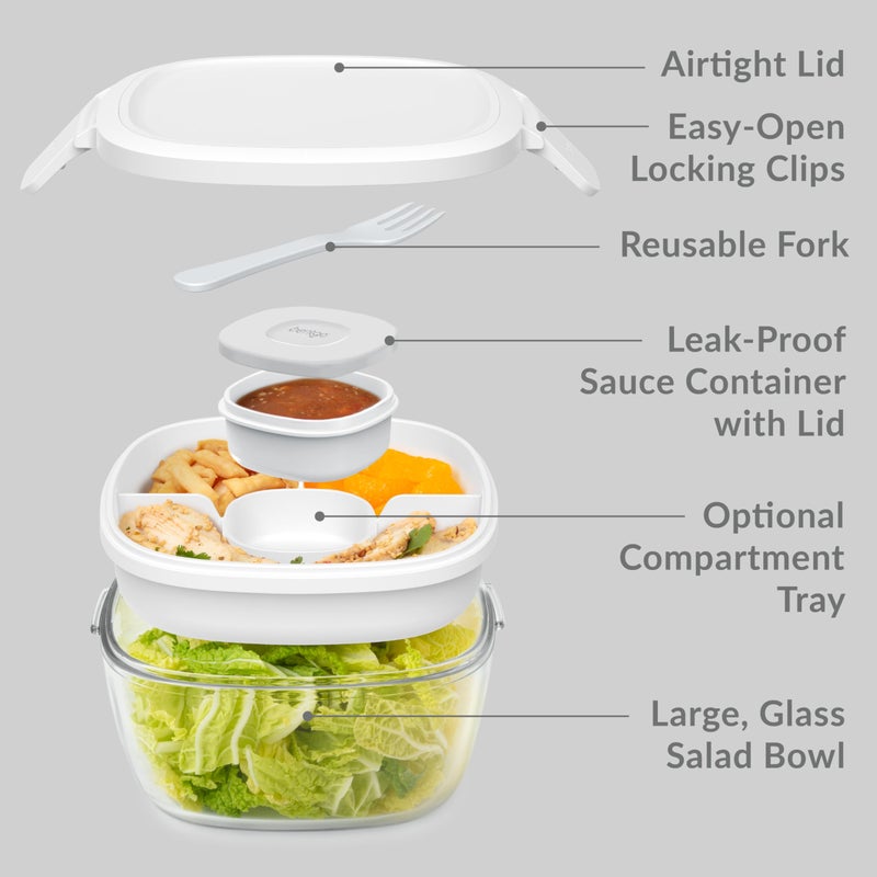 Bentgo Glass All-in-One Salad Container - Large 61-oz Salad Bowl with Lid  4-Compartment Bento-Style Tray  3-oz Sauce Container  and Reusable Fork - Dishwasher  Microwave  and Oven Safe (White) - Image 5