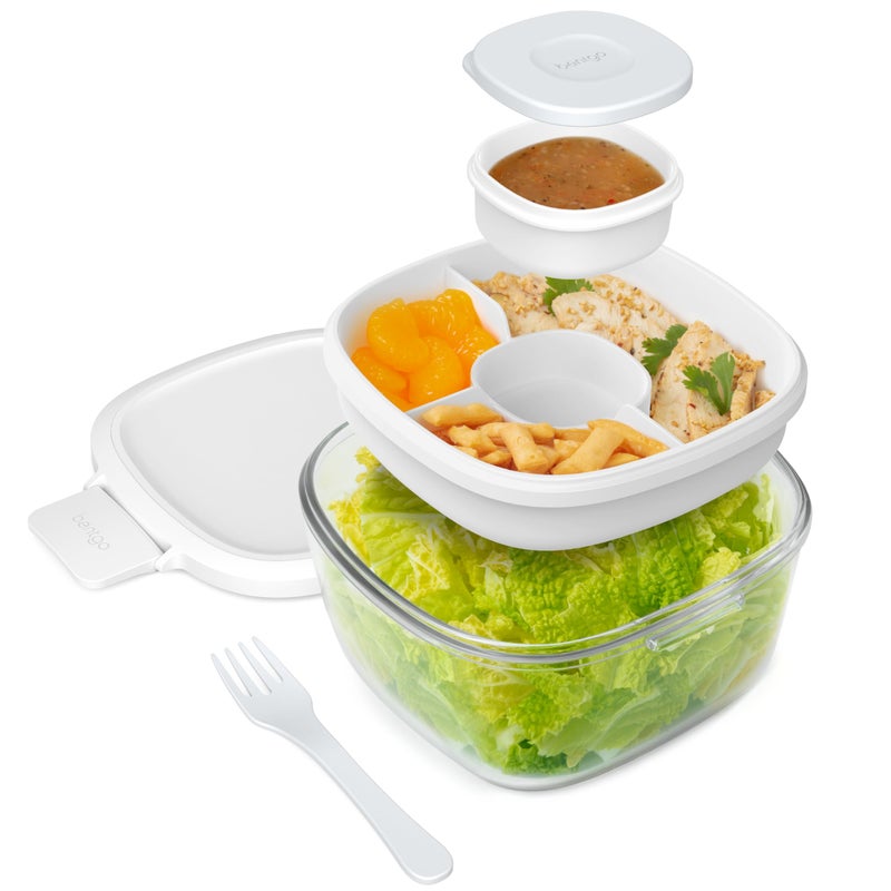 Bentgo Glass All-in-One Salad Container - Large 61-oz Salad Bowl with Lid  4-Compartment Bento-Style Tray  3-oz Sauce Container  and Reusable Fork - Dishwasher  Microwave  and Oven Safe (White) - Image 1