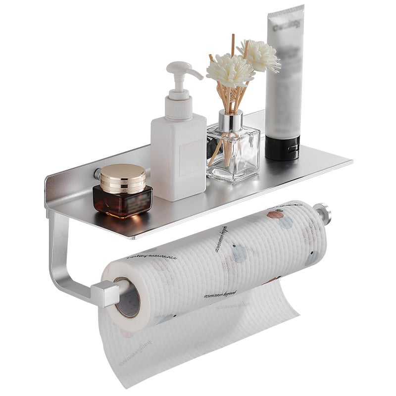 Danpoo Wall Mount Paper Towel Holder with Shelf for BathroomKitchen Adhesive Hand Towel Holder Matte Silver