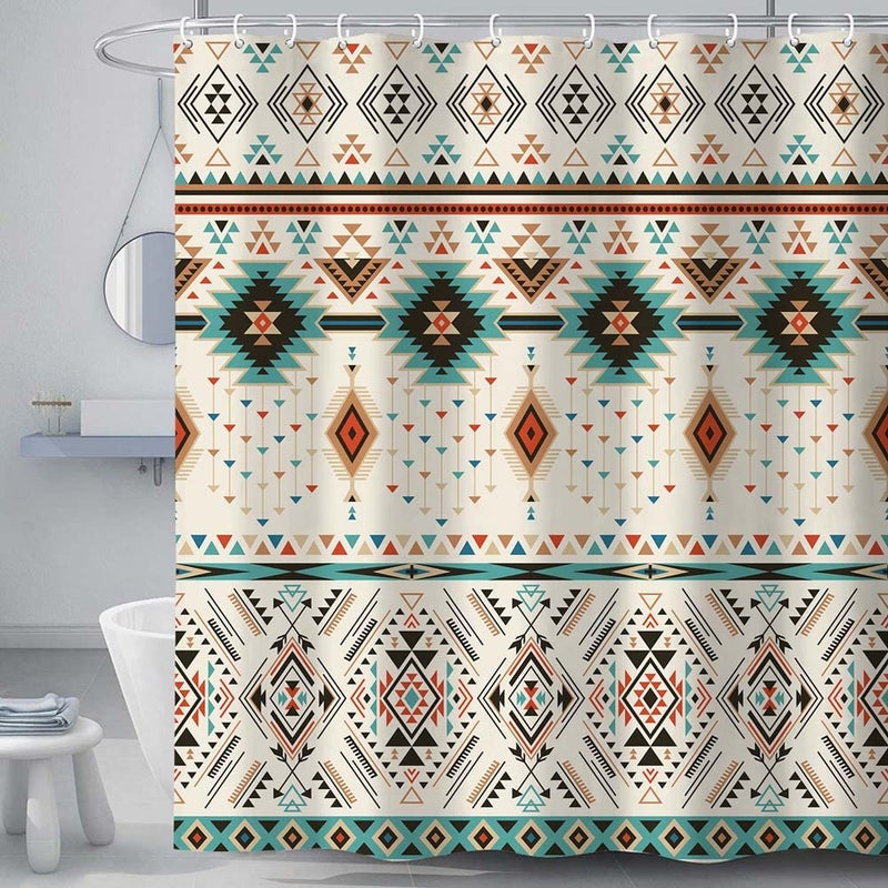 Aztec Shower Curtain for Bathroom Southwestern Native Tribal Navajo American Ethnic Abstract Triangular Geometric Vintage Bath Curtains Boho Fabric Bathroom Decor Set with Hooks 69x70 Beige