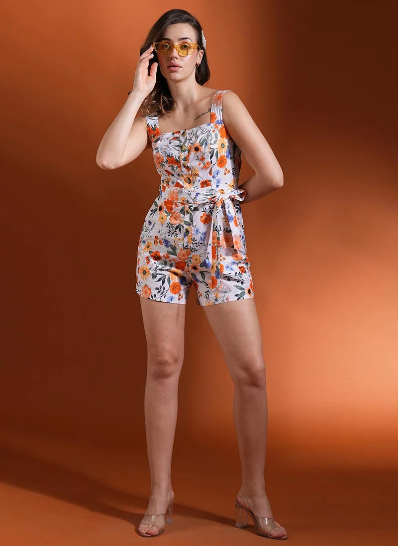 Globus Women Floral Print Square Neck Strappy Sleeves Waist Tie-Up Playsuit