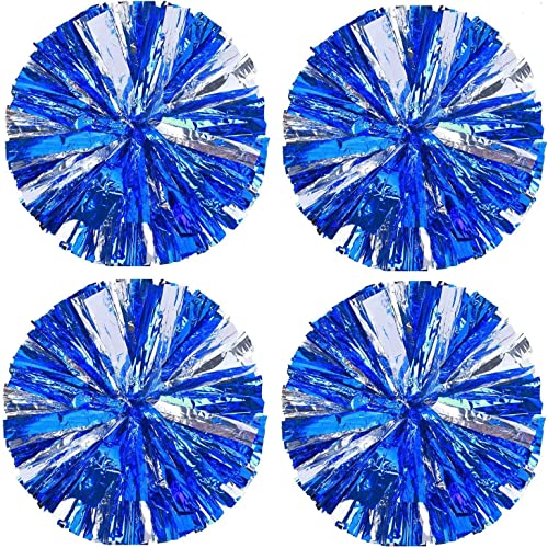 Hlonon 4 Pack Cheerleader Pom Poms Sports Dance Cheer Plastic Pom Poms Cheerleading for Sports Team Spirit Cheering (Blue Silver, 50g) - Image 1