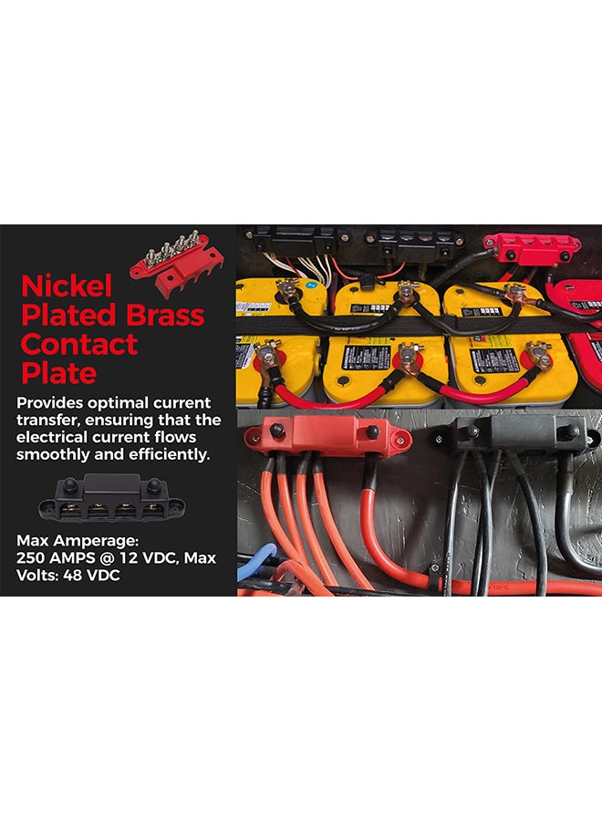 4-Stud Busbar BAR Power Distribution Block for Marine Battery Terminals, 12V Power and Ground Distribution Blocks, Battery Terminal Terminal Busbar (Standard), Red and Black Pair - M8 (5/16) Studs - Image 5
