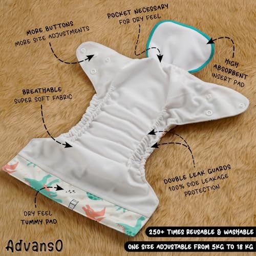 Advanso Leakage Proof cloth diapers for babies, high absorbent 1 reusable diaper 1 insert pad combo pack washable cloth diaper free size 5-18kg adjustable pocket cover (A2) - Image 3